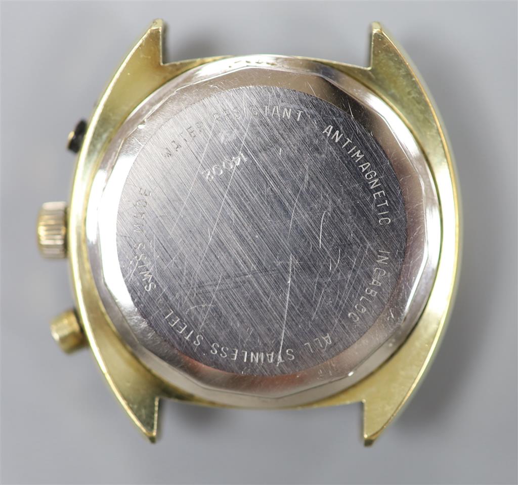A gentlemans gilt steel Avia Olympic manual wind chronograph wrist watch, (no strap & button missing), case diameter 40mm.